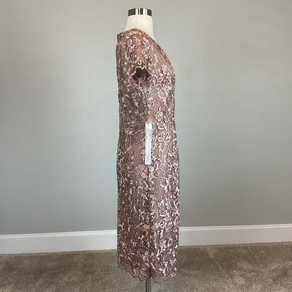 JS Collections Pink Lace Cocktail Dress Size 4 Short Sleeve Midi Sheath - Picture 3 of 12